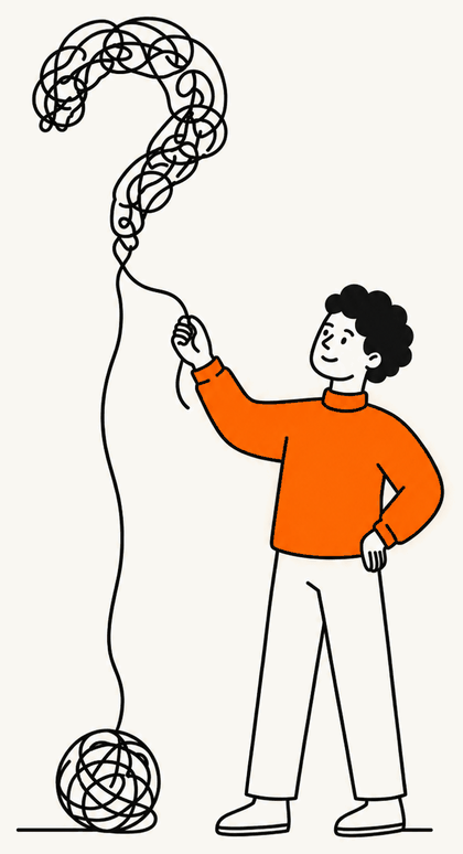 Illustration&nbsp;: une personne tire le fil d'un grand point d'interrogation emmêlé pour le dérouler jusqu'à une pelote posée au sol.