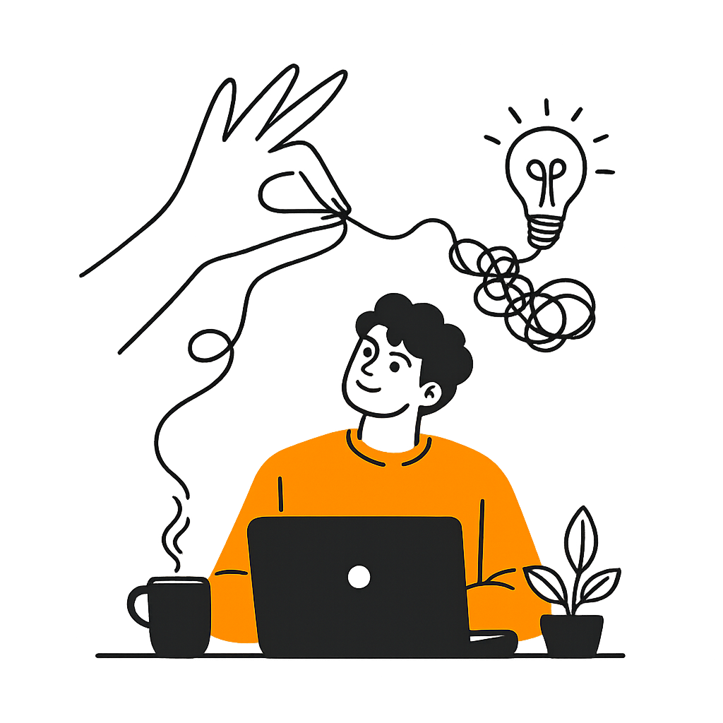 Illustration&nbsp;: une personne souriante travaille sur son ordinateur portable pendant qu'une main démêle le fil de ses pensées, relié à une ampoule qui s'allume.